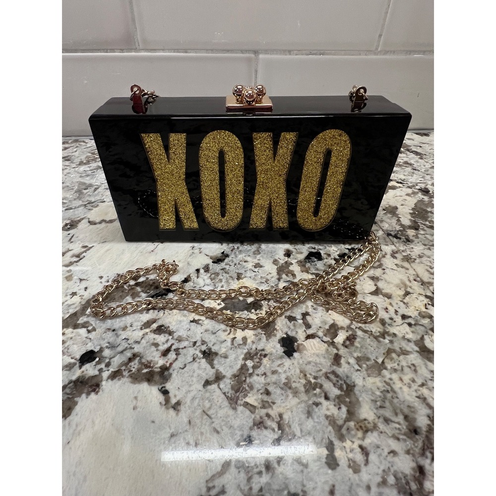 Black Acrylic Clutch Purse XOXO Gold Glitter Chain Evening Bag‎